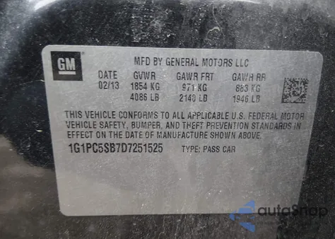 2013 Chevrolet Cruze 1Lt Auto z USA, uszkodzony, nr VIN 1G1PC5SB7D7251525